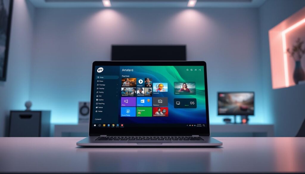 A modern, sleek digital interface showcasing the features of IPTV Smarters Pro on a Windows 11 device. In the foreground, a clean and user-friendly application dashboard displays icons representing key functions like live TV, video on demand, and multi-screen viewing options. In the middle, a stylish laptop is positioned on a desk, with vibrant colors and a soft glow illuminating the screen. The background features a minimalistic, tech-inspired workspace with soft ambient lighting, conveying a professional atmosphere. The focus is on functionality and ease of use, evoking a sense of innovation and accessibility. The image should blend realism with a touch of creativity to reflect the advanced capabilities of the software.