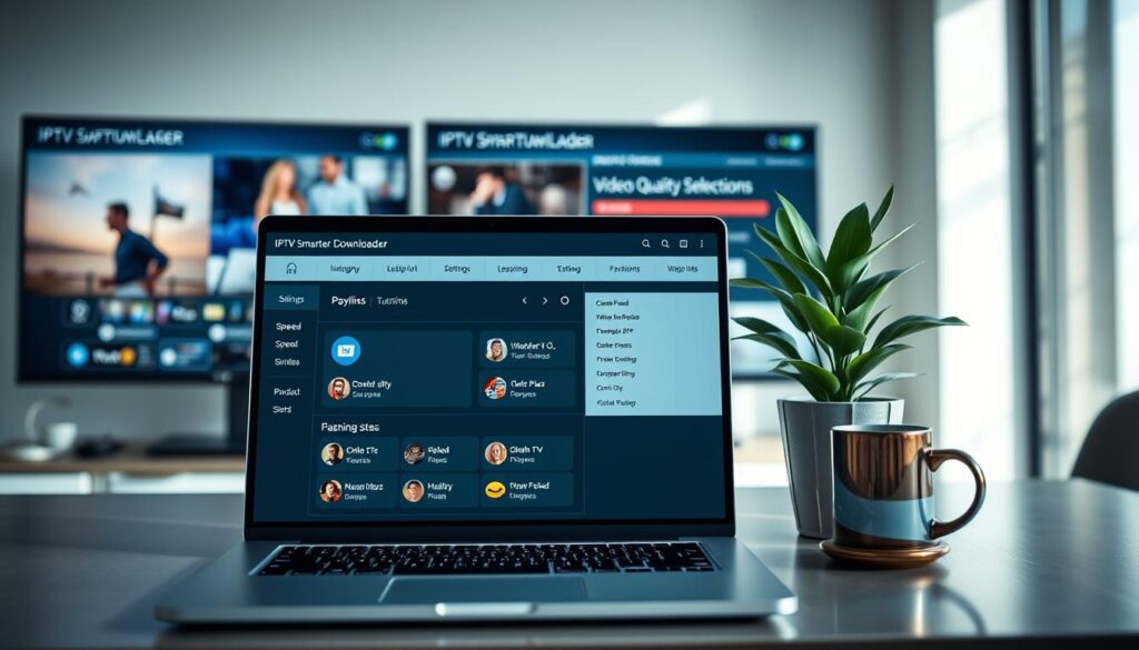 A modern, sleek digital workspace showcasing the IPTV Smarter Downloader application interface on a high-resolution laptop screen. The foreground features the laptop prominently, displaying the app’s dashboard with functions like download speed, video quality selections, and playlist management clearly visible. In the middle, blurred monitors in the background display streaming content and user interface elements like settings and tutorials. The lighting is soft and vibrant, emphasizing a tech-savvy atmosphere, with natural light illuminating the workspace. An elegant potted plant and a stylish coffee mug are positioned to the side, enhancing the professional yet cozy feel of the scene. The composition is clean, with a focus on functionality and usability, inviting the viewer into the world of IPTV streaming.