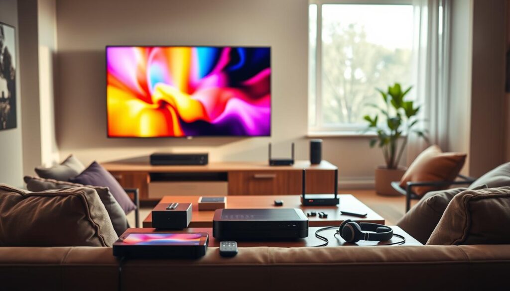 A modern, sleek living room designed for optimal streaming, featuring a large flat-screen TV displaying vibrant colors. In the foreground, a stylish sofa with cushions invites relaxation. The middle layer showcases a coffee table with high-tech streaming devices, remote controls, and modern gadgets like a tablet and headphones arranged neatly. The background reveals a window with soft natural light streaming in, highlighting a cozy atmosphere. Subtle details like Wi-Fi routers and network cables are incorporated subtly into the decor. The lighting is warm, creating an inviting mood, emphasizing technology's role in enhancing the streaming experience. The scene is visually balanced with a contemporary aesthetic, aimed at conveying the idea of technical preparedness for perfect streaming.