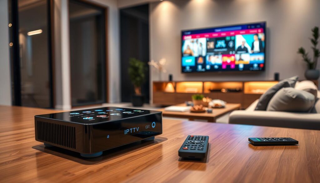 A modern, sleek living room setting that embodies cutting-edge technology and entertainment. In the foreground, a stylish smart IPTV player with a glowing interface is set atop a polished wooden surface, displaying various streaming options. The middle ground features a large, ultra-HD television mounted on the wall, showcasing vibrant visuals of streaming apps and live TV channels. The background is softly illuminated with ambient lighting, highlighting a cozy sofa with comfortable cushions and a coffee table scattered with remote controls and snacks, creating an inviting atmosphere. The lens captures the scene with a slight depth of field, emphasizing the IPTV player while keeping the overall room relatable and engaging. The mood is futuristic yet homey, reflecting the multifunctional uses of smart IPTV technology. A modern, sleek living room setting that embodies cutting-edge technology and entertainment. In the foreground, a stylish smart IPTV player with a glowing interface is set atop a polished wooden surface, displaying various streaming options. The middle ground features a large, ultra-HD television mounted on the wall, showcasing vibrant visuals of streaming apps and live TV channels. The background is softly illuminated with ambient lighting, highlighting a cozy sofa with comfortable cushions and a coffee table scattered with remote controls and snacks, creating an inviting atmosphere. The lens captures the scene with a slight depth of field, emphasizing the IPTV player while keeping the overall room relatable and engaging. The mood is futuristic yet homey, reflecting the multifunctional uses of smart IPTV technology.