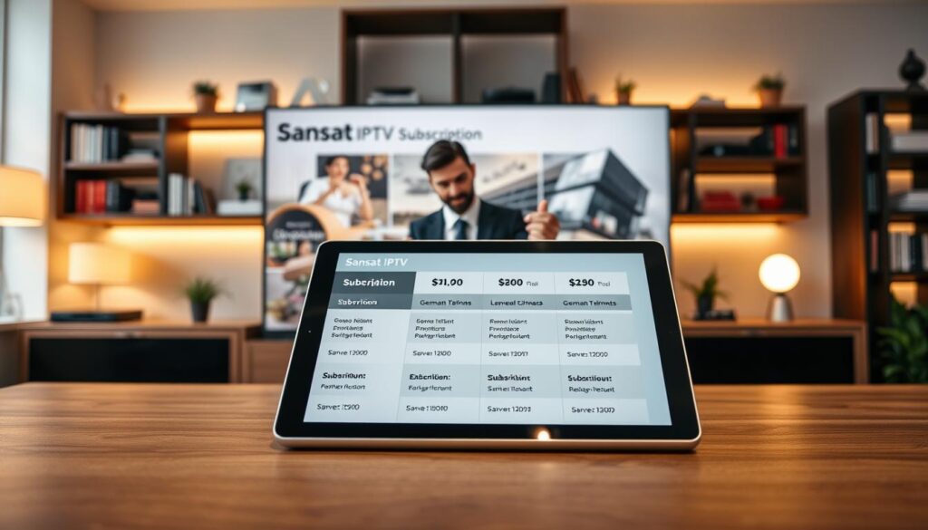 A modern, sleek workspace featuring a large digital screen displaying various Sansat IPTV subscription plans and pricing for German television. In the foreground, a stylish tablet lies on an elegant wooden desk, its screen showing the subscription options in detail. The middle layer includes a professional-looking person in business attire, analyzing the plans with a focused expression, surrounded by notes and a notebook. In the background, soft, warm lighting illuminates the room, with shelves filled with books and decor that convey a tech-savvy atmosphere. The overall mood is informative and engaged, highlighting the value of IPTV services in a contemporary setting, with a focus on clarity and professionalism. The composition is framed with a slight angle for dynamic perspective.