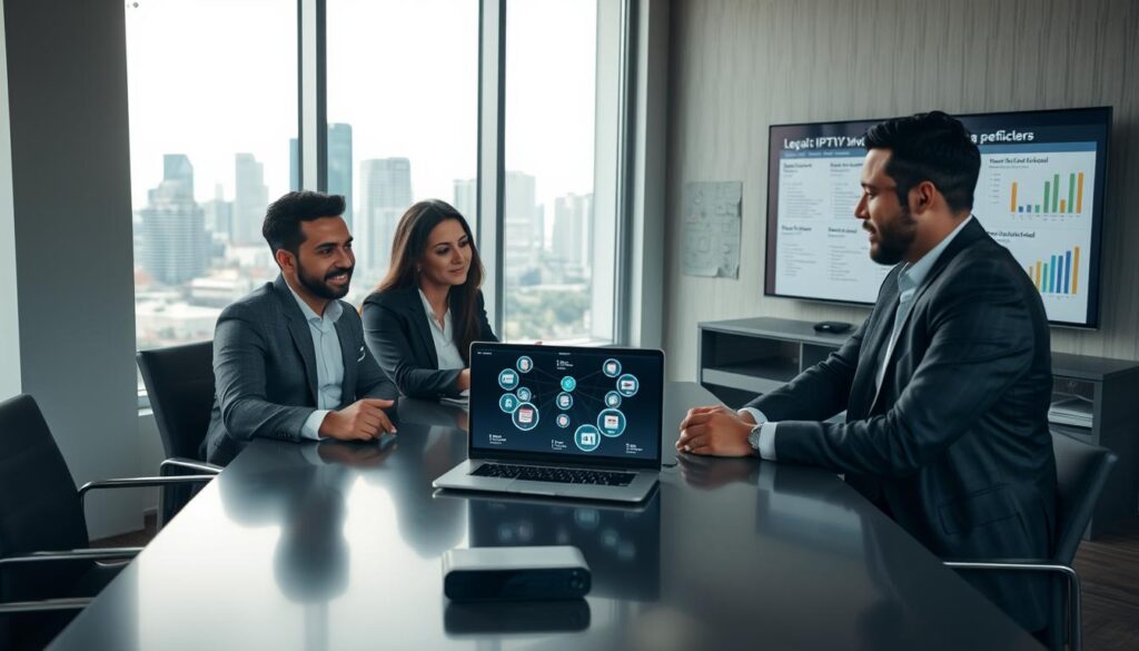 A modern, stylish office setting showcasing a diverse group of professionals discussing legal alternatives to IPTV services. In the foreground, three individuals—two men and one woman—are seated around a sleek conference table, engaging with a laptop displaying diagrams of IPTV networks. The middle section features a large window revealing a city skyline, symbolizing connectivity and access. The background has a wall-mounted screen with charts illustrating legal IPTV providers, enhancing the informative atmosphere. Soft, natural lighting filters through the window, creating an inviting ambiance. The professionals are dressed in business attire, conveying seriousness and expertise as they explore innovative solutions. The overall mood is one of collaboration and trust, emphasizing a responsible approach to IPTV services.