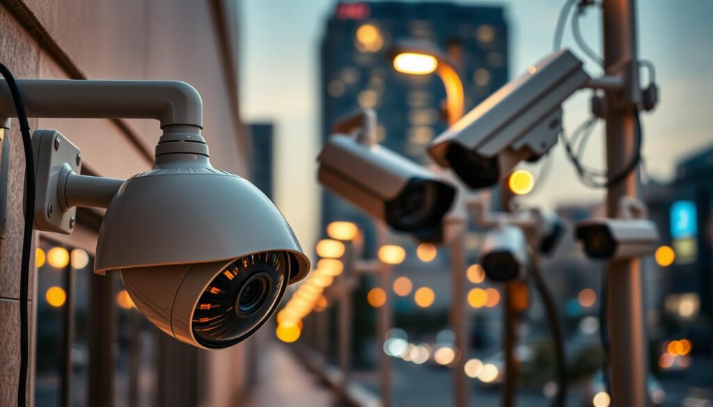 A modern surveillance scene showcasing various high-quality IP cameras mounted in a secure outdoor environment, emphasizing their technical features. In the foreground, a sleek, dome-shaped IP camera is prominently displayed, capturing detailed textures and reflections. The middle ground features additional cameras installed on building corners and poles, with wires and mounting brackets visible, highlighting their professional installation. In the background, a well-lit urban area with soft evening light creates a sense of security, with blurred city lights twinkling. The mood should convey safety and professionalism, illuminated by warm, ambient light that enhances the technological sophistication of the cameras. Capture the scene from a slightly elevated angle to provide a comprehensive view of the surveillance setup.