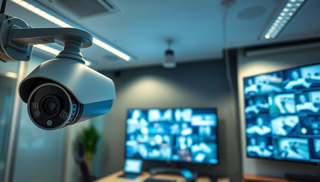 A modern surveillance setup showcasing IPTV camera technology in a professional security environment. In the foreground, a sleek, high-definition network camera is mounted strategically, with indicators of various functionalities, such as infrared sensors and wireless connectivity symbols. The middle ground reveals a high-tech control panel displaying real-time video feeds on multiple screens, emphasizing clarity and detail. In the background, a secure office setting with dimmed lighting creates a sense of surveillance; soft blue and green hues enhance the atmosphere of safety and innovation. The angle captures a slightly elevated view, showcasing the interconnected network of devices ensuring comprehensive monitoring. The overall mood conveys a sense of advanced technology and security expertise, inviting the viewer into the world of modern video surveillance.