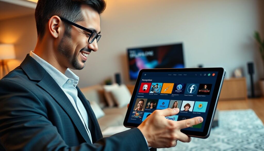 A modern, user-friendly interface of a digital streaming app displayed on a large, sleek tablet. In the foreground, a well-dressed professional, wearing smart-casual attire, interacts with the app, showcasing gestures like swiping and tapping. Their expression reflects satisfaction and ease of use. In the middle ground, the vibrant interface of the app is visible, featuring intuitive icons and categories for content selection. The background shows a cozy living room setting with soft ambient lighting, evoking a warm, inviting atmosphere. Include subtle hints of technology, like a sleek TV and sound system, enhancing the user experience narrative. Capture the essence of usability and enjoyment in the ergonomic design and vibrant visuals, emphasizing a seamless interaction. The overall mood should be positive and engaging, illustrating a perfect balance of functionality and aesthetic appeal.