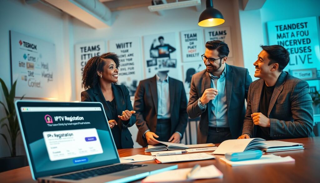 A modern workspace featuring a diverse group of professionals engaged in discussions about IPTV registration and active participation on digital platforms. In the foreground, a laptop displaying a user-friendly IP TV registration interface glows softly, surrounded by paperwork and notebooks. The middle ground shows two individuals, one a Black woman in a smart business suit, the other a Hispanic man in smart-casual clothing, animatedly discussing strategies for effective participation. The background consists of a bright and airy office with motivational posters related to technology and teamwork. The lighting is warm and inviting, creating a collaborative atmosphere. The angle is slightly tilted to enhance the dynamic vibe of the scene.
