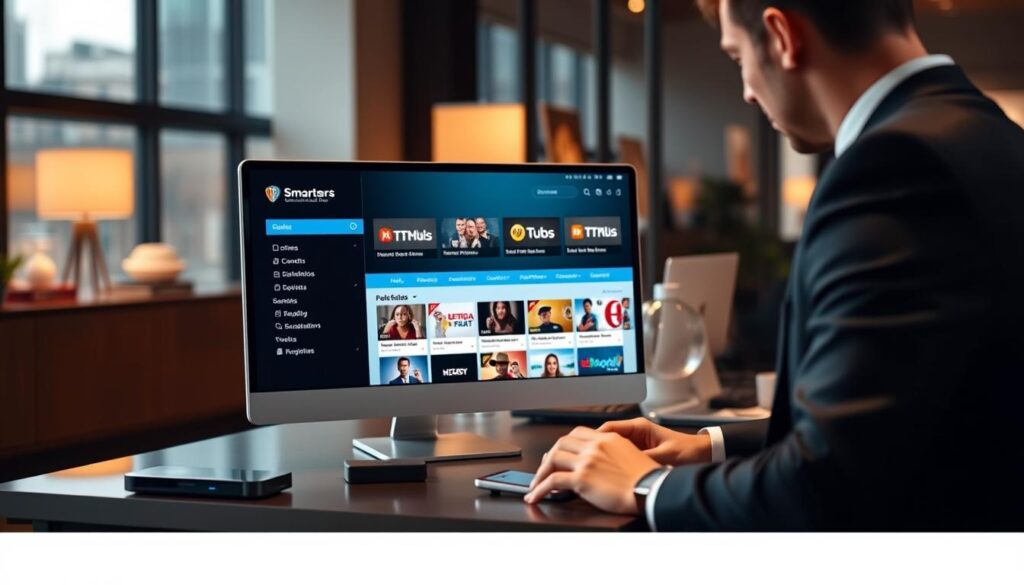 A modern workspace featuring a sleek computer setup displaying the IPTV Smarters Pro application interface on the screen. In the foreground, an individual dressed in professional business attire is attentively interacting with the application, showcasing its user-friendly features and diverse content options. The middle ground highlights a stylish desk with a smartphone and various streaming devices. The background is softly blurred, displaying a contemporary office environment with warm, inviting lighting. The overall mood is focused and productive, emphasizing the convenience and benefits of using IPTV Smarters Pro for accessing streaming content seamlessly. The image captures the essence of modern technology enhancing everyday entertainment experiences.