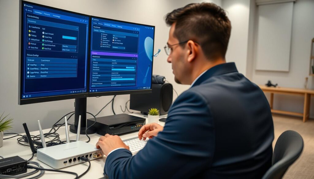 A modern workspace featuring a sleek computer setup with dual monitors displaying IPTV software interfaces. In the foreground, a professional individual dressed in business attire is focused on configuring cardsharing settings, surrounded by tech gadgets like a high-end router, a splitter, and various cables. The middle layer showcases detailed hardware components like a satellite dish, IPTV set-top box, and a signal booster, with glowing indicators illustrating connectivity. The background presents a minimalist office space with soft lighting, adding a calm and professional atmosphere. The scene is captured from a slightly elevated angle, highlighting the intricacies of the hardware and the individual’s engagement with the technology.