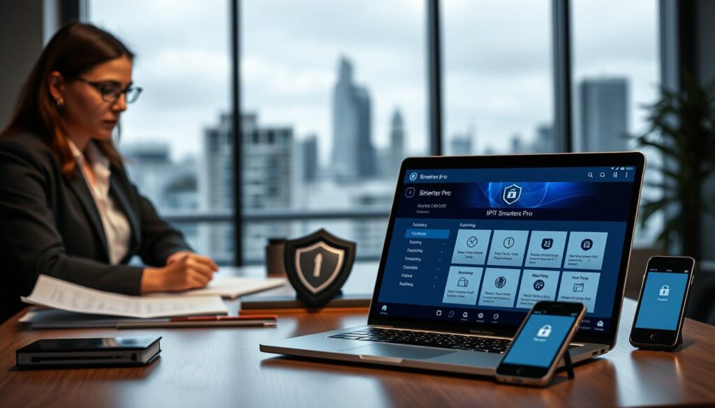 A modern workspace setting showcasing the topic "Sicherheit und rechtliche Aspekte bei IPTV Smarters Pro." In the foreground, a sleek laptop displays the IPTV Smarters Pro interface with security elements highlighted. To the left, a professional businesswoman dressed in smart casual attire, focused on her work, with an expression of concentration. In the middle, a stylish desk adorned with legal documents, a shield icon representing cybersecurity, and a smartphone featuring the app. The background features a blurred cityscape through a large window, symbolizing the digital landscape and modern technology. Soft, ambient lighting enhances a serious yet collaborative atmosphere, with a depth of field effect drawing attention to the laptop. The image conveys professionalism and modernity, embodying both safety and legal considerations in the digital realm.