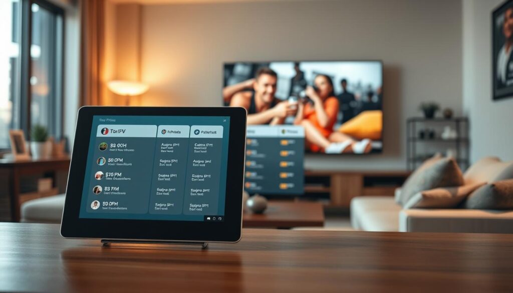 A professional and informative layout showcasing IPTV TV TOTV pricing and plans. In the foreground, display a sleek, modern digital screen or tablet with an interface showing various subscription options highlighted clearly. In the middle ground, include well-organized charts or infographics that depict the different pricing tiers, features, and benefits in a visually appealing manner. The background should feature a cozy living room environment with a comfortable couch, soft lighting, and a large television, creating a relatable atmosphere. The scene should be illuminated with warm, inviting lighting to evoke a sense of home entertainment. The overall mood is informative and professional, aimed at potential IPTV customers looking for clear pricing options.