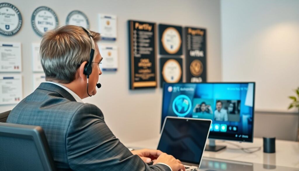 A professional customer support representative in an office setting, wearing business attire, engaged in a discussion with a client over a laptop regarding Polish IPTV services. The foreground features a clear view of the representative, a middle-aged individual with an attentive expression, seated at a modern desk with a headset. The middle ground shows a digital screen displaying the IPTV interface. In the background, a wall with certifications and customer service awards emphasizes professionalism. Soft, diffused lighting creates a warm atmosphere, while a slight blur on the background enhances the focus on the subjects. The mood conveys trust, professionalism, and a commitment to quality service. A professional customer support representative in an office setting, wearing business attire, engaged in a discussion with a client over a laptop regarding Polish IPTV services. The foreground features a clear view of the representative, a middle-aged individual with an attentive expression, seated at a modern desk with a headset. The middle ground shows a digital screen displaying the IPTV interface. In the background, a wall with certifications and customer service awards emphasizes professionalism. Soft, diffused lighting creates a warm atmosphere, while a slight blur on the background enhances the focus on the subjects. The mood conveys trust, professionalism, and a commitment to quality service.