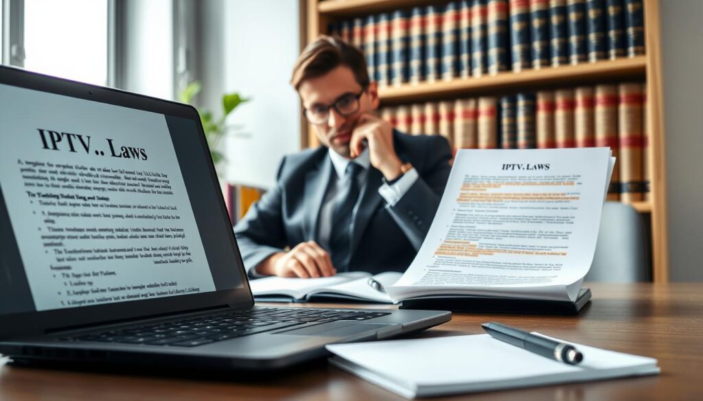 A professional-looking office setting focusing on the legal implications of IPTV in Germany. In the foreground, a sleek laptop displaying a legal document titled "IPTV Laws" with highlighted sections, next to a notepad and a pen. In the middle, a person in business attire is analyzing the document, deep in thought, with a serious expression, symbolizing the risks and considerations involved. The background showcases shelves filled with legal books about technology and media law, hinting at a scholarly environment. Soft, natural lighting streams through a window, creating a calm and focused atmosphere, with a shallow depth of field to draw attention to the foreground elements.
