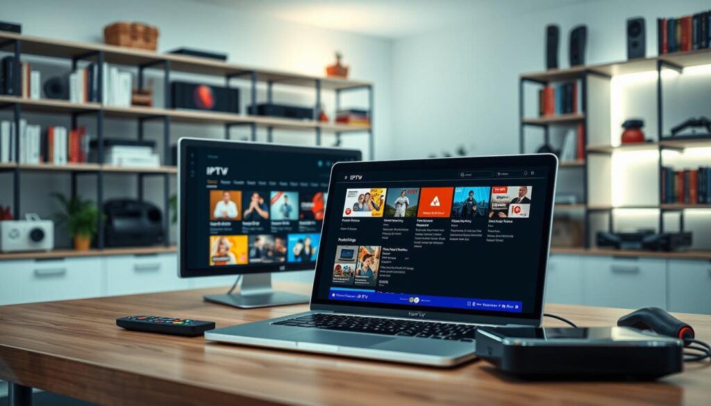 A professional-looking workspace featuring a modern computer setup displaying IPTV product listings on the screen. In the foreground, a sleek laptop with a colorful user interface showing IPTV features like user reviews, channel selection, and pricing. The middle ground includes a neatly organized desk with IPTV-related accessories such as a remote control and a streaming device. In the background, a well-lit room with soft ambient lighting, showcasing shelves filled with tech gadgets and books about media consumption. The mood is informative and modern, emphasizing clarity and technology. Capture the scene with a slightly elevated angle to provide a comprehensive view, ensuring the colors are vibrant but not overwhelming.