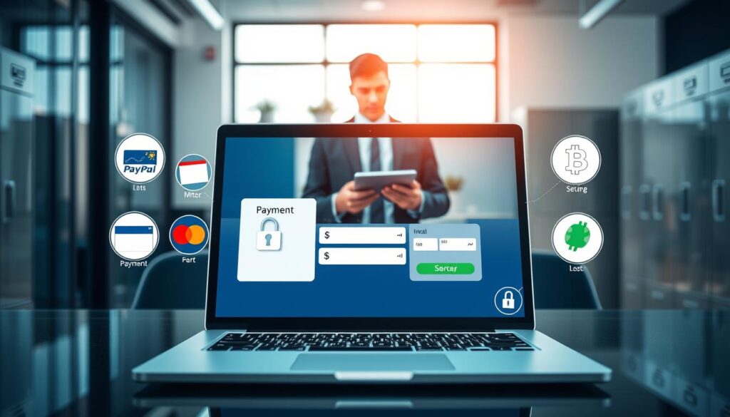 A professional office setting showcasing the concept of security aspects and payment methods for IPTV services. In the foreground, a sleek laptop displays a sophisticated and secure payment interface, surrounded by various payment method icons such as credit cards, PayPal, and cryptocurrency logos. In the middle, a confident person in business attire analyzes data on a tablet, emphasizing trust and professionalism. Soft natural light illuminates the scene, reflecting off the laptop screen, while a blurred background features a modern office with security features like cameras and locked cabinets. The atmosphere is focused and serious, conveying a sense of reliability and security in digital transactions.