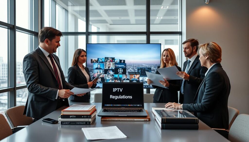 A professional setting depicting a modern office environment focused on legal aspects of IPTV in Germany. In the foreground, a diverse group of three professionals, one in a suit and tie, another in smart casual attire, and a third in business formal clothing, are collaboratively discussing documents and digital devices showcasing video streaming graphics. In the middle, a sleek desk with a laptop displaying a legal document titled "IPTV Regulations," and various legal books neatly arranged. The background features a large window with a view of a city skyline, giving a sense of professionalism and clarity. Soft lighting illuminates the scene, creating an inviting and informative atmosphere, while subtle colors promote a calm and focused mood.