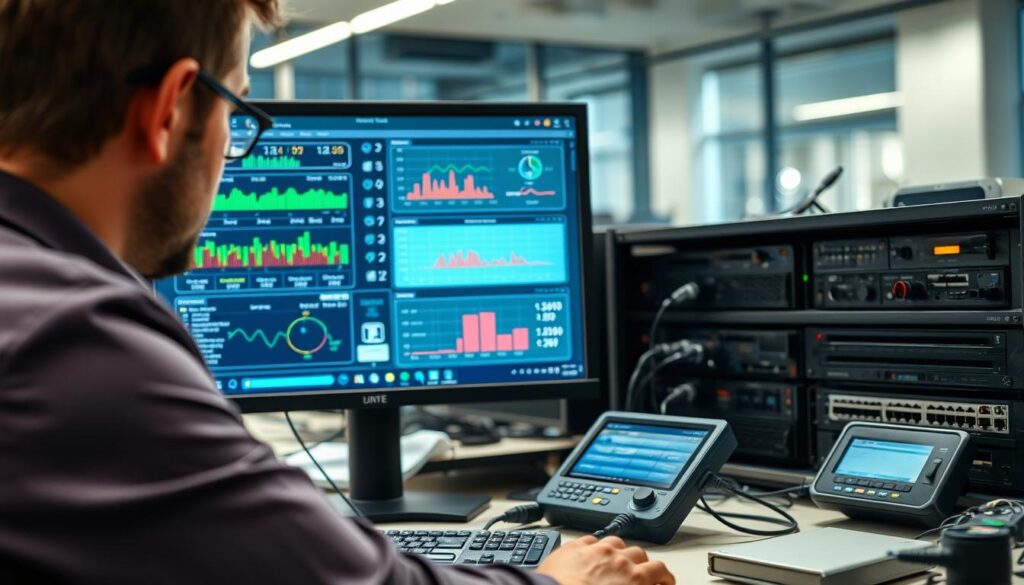 A professional setting depicting a technician testing and diagnosing IPTV links. In the foreground, a focused technician in smart casual attire examines a computer screen displaying various IPTV link metrics. The middle layer includes intricate tech equipment like routers, cables, and a digital diagnostic tool, all neatly organized. The background features a modern office environment with soft, ambient lighting enhancing the concentration and detail in the technician's work. The use of a shallow depth of field highlights the screen and technician while softly blurring the office elements behind. The overall mood is one of professionalism and clarity, conveying a sense of thoroughness and expertise in solving IPTV issues.