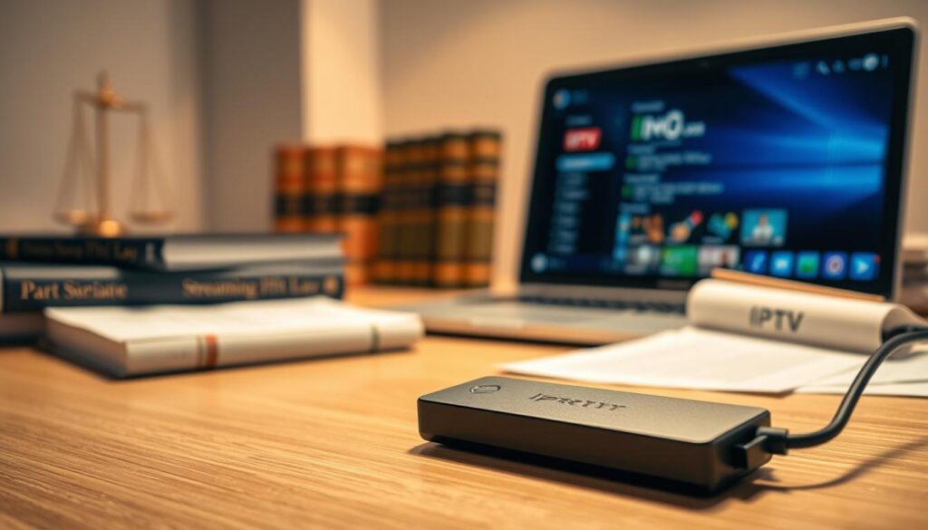 A professional setting featuring a desk with a sleek IPTV stick prominently displayed in the foreground, surrounded by issues and legal documents representing risks associated with IPTV usage. In the middle ground, a blurred laptop screen shows an interface of an IPTV service, while legal books about copyright and streaming laws occupy the background, suggestively hinting at the legal complexities involved. Soft, warm lighting illuminates the scene, casting gentle shadows for depth, simulating the ambience of a thoughtful, serious discussion. The angle is slightly elevated to capture all elements harmoniously, conveying an atmosphere of contemplation and responsibility in media consumption.