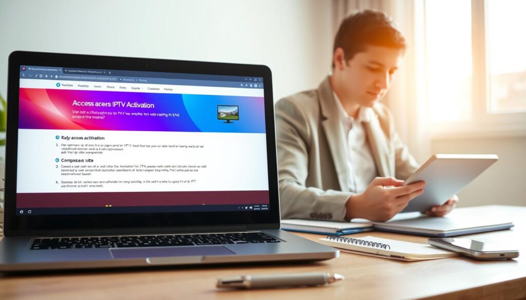 A professional setting featuring a well-organized workspace illustrating the access and activation process for IPTV services in Germany. In the foreground, a laptop screen displays a vibrant IPTV activation page, with clear step-by-step instructions visible. To the side, a person in business casual attire, focused and engaged, is using a tablet to follow the guide. The middle layer includes stationary items like a notepad, a pen, and a smartphone, accentuating the theme of technology and organization. In the background, the room features soft lighting that creates a warm, inviting atmosphere, enhanced by a large window allowing natural light to flood in. The overall mood is productive and focused, perfect for showcasing a technical guide.