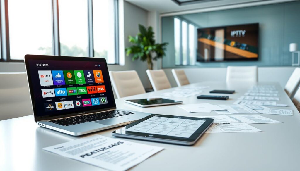 A professional, sleek office setting showcasing a digital comparison chart of IPTV packages and pricing. In the foreground, a stylish laptop displays colorful, well-organized data with visuals of various IPTV logos. Beside the laptop, a tablet shows a side-by-side comparison of features. The middle ground features a modern conference table adorned with papers that have detailed IPTV features and pricing scattered around. In the background, a large window allows natural light to illuminate the room, creating a bright and engaging atmosphere. The scene conveys a sense of professionalism and expertise in digital media technology. The focus is sharp and vibrant, enhancing the visuals of the comparison while maintaining a clean and polished look.