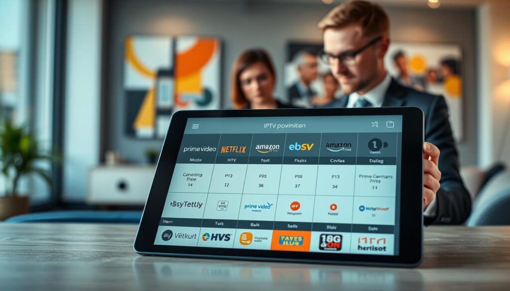 A professional, visually engaging comparison chart illustrating IPTV providers in Germany. In the foreground, display a sleek digital tablet showing the icons of various IPTV services like Netflix, Amazon Prime Video, and local German providers. In the middle ground, include a stylish office setting with a person in business attire analyzing the chart, looking thoughtful and engaged. The background should be a modern workspace with abstract technology-themed artwork on the walls, symbolizing innovation in media consumption. Utilize soft, natural lighting to create a welcoming and informative atmosphere, with a shallow depth of field focusing on the chart and the person. The overall mood should be professional and insightful, capturing the essence of cost comparison and promotional offers in the IPTV market. A professional, visually engaging comparison chart illustrating IPTV providers in Germany. In the foreground, display a sleek digital tablet showing the icons of various IPTV services like Netflix, Amazon Prime Video, and local German providers. In the middle ground, include a stylish office setting with a person in business attire analyzing the chart, looking thoughtful and engaged. The background should be a modern workspace with abstract technology-themed artwork on the walls, symbolizing innovation in media consumption. Utilize soft, natural lighting to create a welcoming and informative atmosphere, with a shallow depth of field focusing on the chart and the person. The overall mood should be professional and insightful, capturing the essence of cost comparison and promotional offers in the IPTV market.