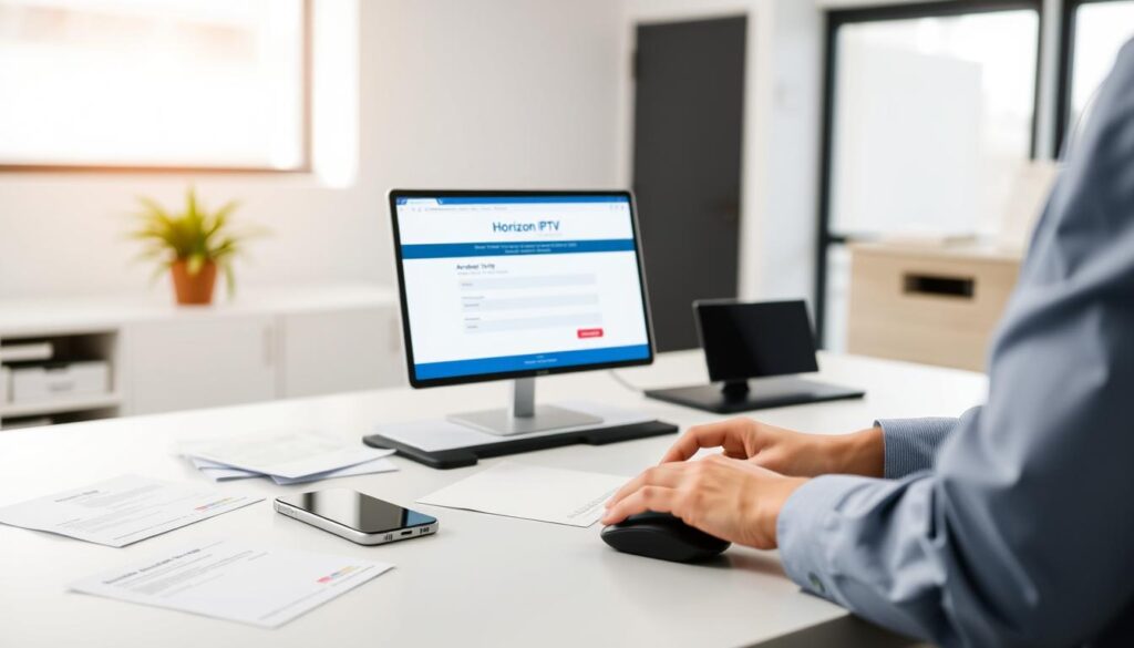 A professional workspace illustrating the account setup and ordering process for Horizon IPTV, featuring a sleek modern desk with a laptop displaying the Horizon IPTV website. The foreground includes a person in smart casual attire, focused on the screen, using a mouse and looking engaged in the process. In the middle, there are scattered paperwork and a smartphone, emphasizing organization and technology. The background shows a well-lit, minimalist office environment with soft natural lighting coming through a window, creating a calm and productive atmosphere. The lens perspective is slightly above eye level, capturing the details on the laptop screen while maintaining focus on the person. The overall mood is professional and efficient, reflecting user friendliness in technology.
