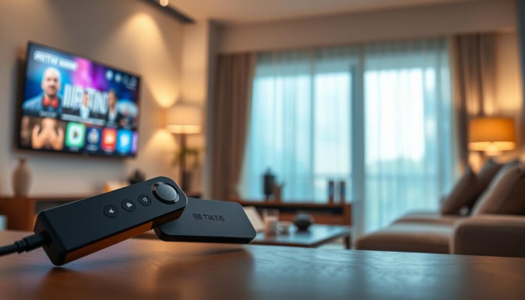 A sleek IPTV TV stick prominently displayed in the foreground, showcasing its compact design with textured surfaces and LED indicators. Surround it with a modern television with vibrant colors displaying a user-friendly interface, emphasizing easy navigation. In the middle ground, include a cozy living room setting with an inviting sofa and stylish decor, softly lit to create a warm atmosphere. In the background, a soft-focus view of a window with natural sunlight filtering in, enhancing the sense of comfort. The overall mood should be relaxing and inviting, highlighting the simplicity and enjoyment of watching TV with the IPTV stick. Use soft, diffused lighting to create an intimate setting, and capture the scene from a slightly elevated angle to provide a comprehensive view of the elements.