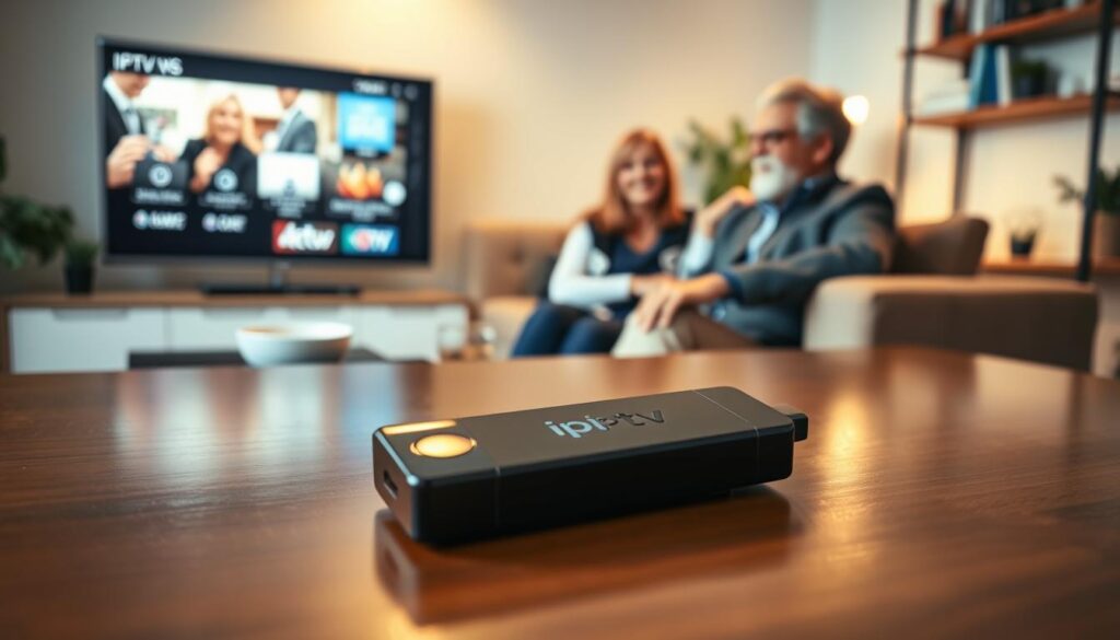 A sleek IPTV TV stick resting on a polished wooden table, surrounded by a cozy living room setup. In the foreground, the stick is displayed prominently, its shiny black finish reflecting warm light. In the middle ground, a modern smart TV shows an inviting interface, hinting at streaming options. On a plush sofa nearby, a middle-aged couple, dressed in casual but smart attire, are engaged in a lively discussion, their expressions reflecting satisfaction. Soft ambient lighting fills the room, creating a warm and inviting atmosphere, while a shelf in the background holds books and decorative plants, emphasizing a homely feel. Use a shallow depth of field to keep the focus on the TV stick and the couple, capturing an engaging moment showcasing customer feedback and experience.