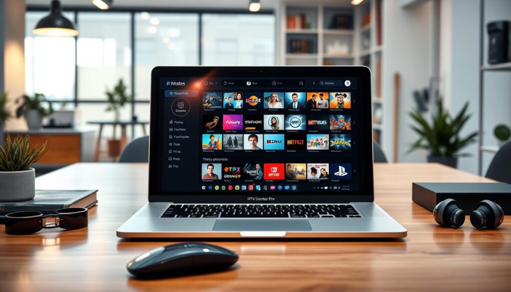 A sleek Mac laptop displaying the IPTV Smarters Pro application on its screen, showcasing an elegant user interface filled with vibrant thumbnails of streaming content. The foreground features a neatly organized workspace with a few essential tech gadgets like a wireless mouse and headphones. In the middle, the laptop is positioned on a polished wooden desk, surrounded by minimalistic decor, creating a professional atmosphere. The background includes a softly lit, modern office environment with a blurred view of bookshelves and indoor plants, adding depth to the scene. The lighting is warm and inviting, with a slight glare reflecting off the screen, enhancing the focus on the IPTV Smarters Pro app. The overall mood is tech-savvy and conducive to productivity, reflecting the innovative features of the application.