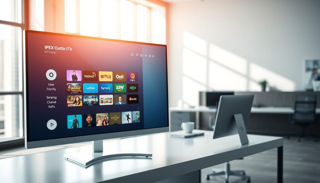 A sleek and modern IPEXO IPTV player interface displayed on a high-resolution computer screen in a well-lit, professional office setting. In the foreground, a close-up of the IPTV player showcasing various features like a user-friendly menu, high-definition streaming options, and colorful channel icons. The middle ground includes a stylish desk with minimalistic decor and a laptop, enhancing the tech-savvy atmosphere. The background features a large window with natural light streaming in, casting soft shadows. The overall mood conveys innovation and cutting-edge technology, making the viewer feel intrigued by the high-quality streaming services offered by IPEXO. The composition should be clean, focusing entirely on the IPTV player, with no people present.