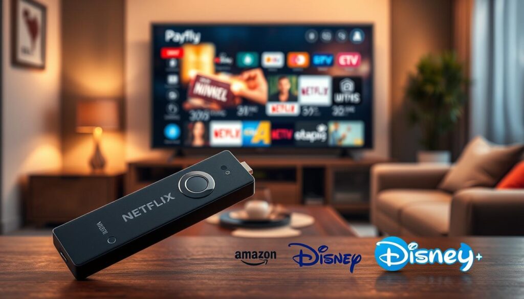 A sleek and modern IPTV TV stick prominently displayed in the foreground, detailed with glossy black and silver finishes. In the middle ground, an array of popular streaming service logos like Netflix, Amazon Prime, and Disney+ are artistically arranged, suggesting compatibility with an array of applications. The background features a stylish living room setting, with a soft-focus flat-screen TV showing a vibrant streaming interface. Warm, ambient lighting creates a cozy atmosphere, with soft reflections on the TV screen. The scene is captured at a slightly elevated angle, conveying a contemporary and tech-savvy mood, emphasizing seamless integration and user-friendly access to entertainment.