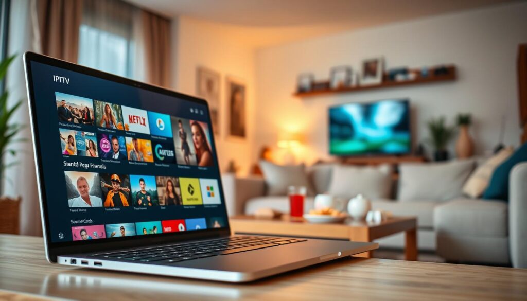 A sleek and modern IPTV player interface displayed on a high-resolution Windows laptop screen in the foreground, showcasing vibrant streaming options with colorful thumbnails of channels and video thumbnails. The middle ground features a cozy living room environment, complete with a stylish couch and a coffee table with snacks and drinks, creating a relaxed viewing atmosphere. In the background, soft ambient lighting casts a warm glow throughout the room, enhancing the inviting feel. The angle should be a slightly tilted perspective, emphasizing both the laptop and the comfortable setting. The mood is relaxed and enjoyable, ideal for streaming entertainment.