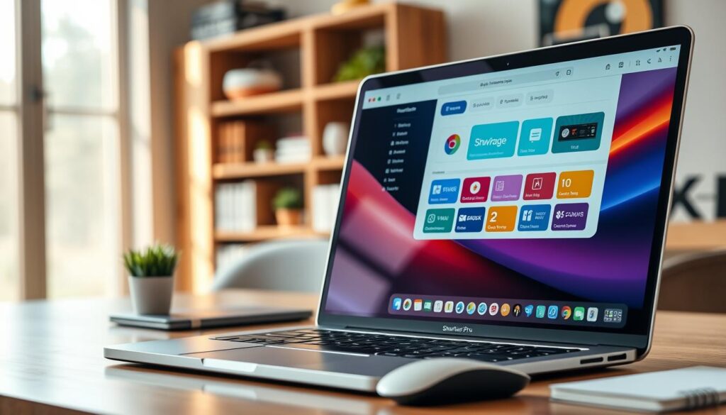A sleek and modern MacBook screen displaying the IPTV Smarters Pro application interface, prominently featuring its intuitive layout with vivid colors and user-friendly design elements. The foreground shows the laptop with its glossy display reflecting soft, ambient lighting, capturing a professional workspace vibe. The middle ground includes stylish desk accessories like a wireless mouse and a notepad, contributing to a productive atmosphere. In the background, a blurred out, cozy home office scene with warm wooden tones and a soft-focus bookshelf creates a welcoming, focused mood. The scene is well-lit with natural light coming through a window, emphasizing clarity and professionalism, ideal for an instructional guide.