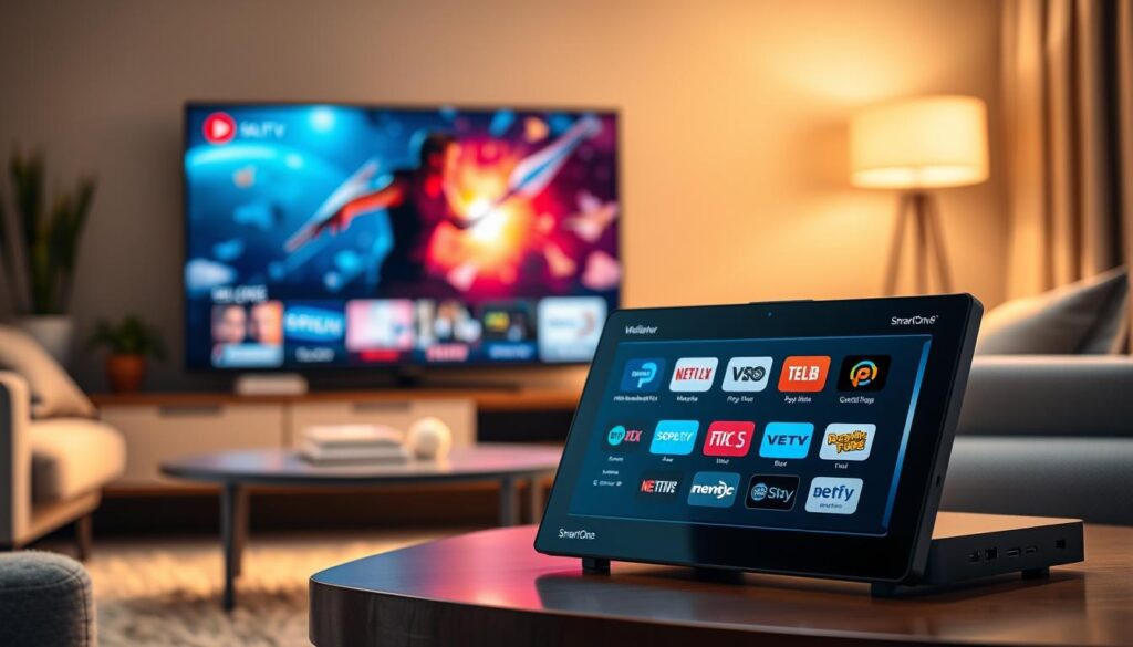 A sleek and modern SmartOne IPTV Mediaplayer displayed prominently in the foreground, showcasing its user-friendly interface with vivid icons of various streaming services. The Mediaplayer is set on a contemporary coffee table, surrounded by a cozy living room environment featuring a soft couch and stylish decor. In the middle ground, a large flat-screen TV displays an exciting movie scene, enhancing the entertainment atmosphere. The background features warm, inviting lighting that creates a relaxed vibe, emphasizing a sense of comfort and leisure. The scene is captured from a slightly elevated angle to provide a comprehensive view of the Mediaplayer in action, evoking a feeling of modern technology seamlessly integrated into daily life.