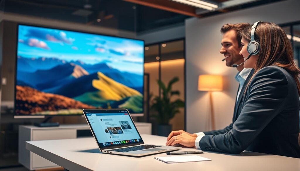 A sleek and modern customer support center for IPTV services, featuring a friendly customer service representative in professional attire, engaging with a client through a headset. In the foreground, showcase a high-resolution 8K TV displaying vibrant images of landscapes, illustrating the sharpness and quality of the IPTV service. In the middle ground, include an open desk with a laptop showing a live chat interface for customer assistance. The background should depict a contemporary office environment with soft, warm lighting, creating a welcoming atmosphere. Capture the scene from a slightly angled perspective to emphasize interaction, evoking a sense of reliability and professional support. The overall mood should be friendly and attentive, highlighting the 24/7 availability of customer service.