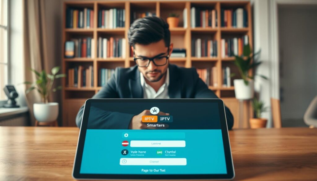 A sleek and modern depiction of the IPTV Smarters app interface displayed on a tablet placed on a polished wooden desk. The foreground includes the tablet with vibrant graphics showcasing the app's login screen, featuring user-friendly navigation icons and colorful thumbnails of channels. In the middle ground, a stylish business professional, dressed in smart casual attire, is seated at the desk, intently focused on the tablet, giving a sense of engagement with the app. In the background, a cozy home office setting with warm lighting, a bookshelf filled with technology books, and a potted plant creates an inviting atmosphere. The overall mood is productive and user-friendly, highlighting ease of access for new users. Soft natural light filters in through a nearby window, adding a touch of warmth to the scene.