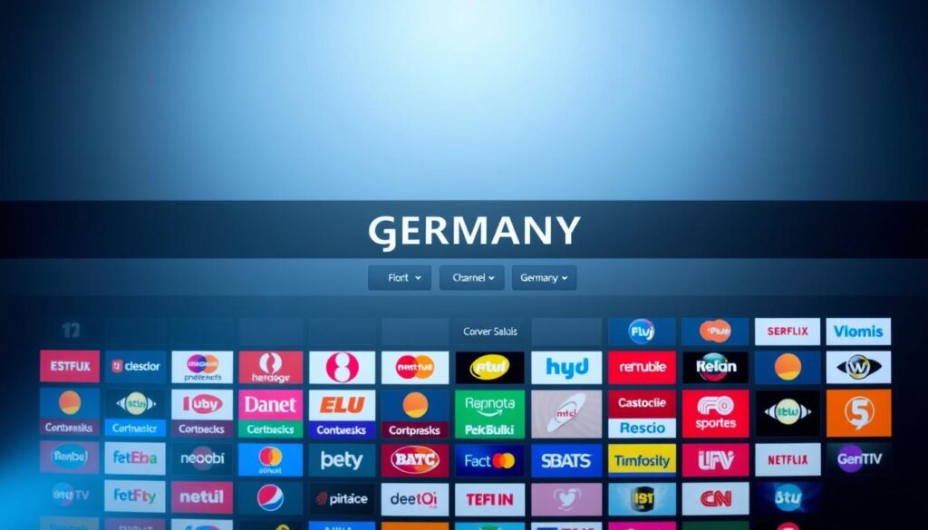 A sleek and modern digital interface displaying an IPTV channel overview for Germany. In the foreground, multiple rows of colorful channel logos arranged neatly, showcasing a variety of genres such as entertainment, news, sports, and movies. Bright and vibrant colors create an engaging visual. The middle layer features user-friendly navigation elements, such as tabs or buttons, styled in a contemporary format. The background is a soft gradient of blue and grey, indicating a tech-savvy atmosphere. Use a slight glow effect around the channels to emphasize their importance. Soft, ambient lighting enhances clarity and makes the scene look appealing. The overall mood is informative and modern, reflecting the innovation behind IPTV technology.