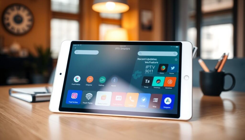 A sleek and modern digital tablet displaying the IPTV Smarters app interface, showcasing recent updates and new features in a user-friendly layout. The foreground features a close-up of the app screen with vibrant icons and a clear, engaging design. In the middle ground, a stylish workspace with a laptop and notepad, symbolizing productivity, is arranged neatly. The background is softly blurred to highlight the tablet, with warm, ambient lighting creating a cozy yet professional atmosphere. Capture the essence of technology and efficiency, using a wide-angle perspective to emphasize the app's innovative design. Aim for a polished and inviting scene that reflects the theme of app versions and compatibility.