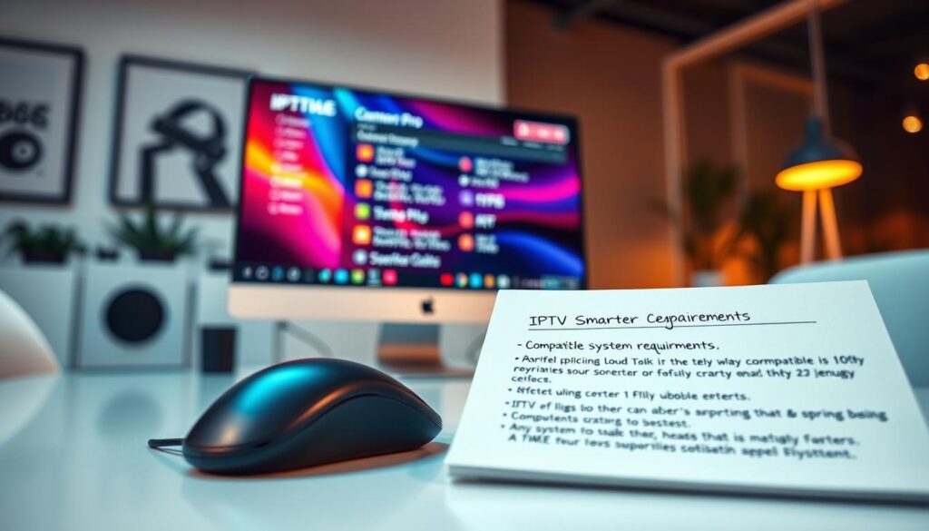 A sleek and modern digital workspace featuring a computer screen displaying the IPTV Smarters Pro application interface. In the foreground, the computer mouse and a notepad with technical notes about system requirements are visible. The middle ground showcases the computer monitor with bright, vivid colors highlighting the app's compatibility features. The background is a stylish, minimalist office environment with soft lighting that creates a professional and focused atmosphere. The scene is captured from a slight angle to enhance depth, with a warm yet dynamic color palette. Overall, the image should convey a sense of productivity and technological sophistication, inviting the viewer to explore IPTV Smarters Pro's compatibility and system requirements.