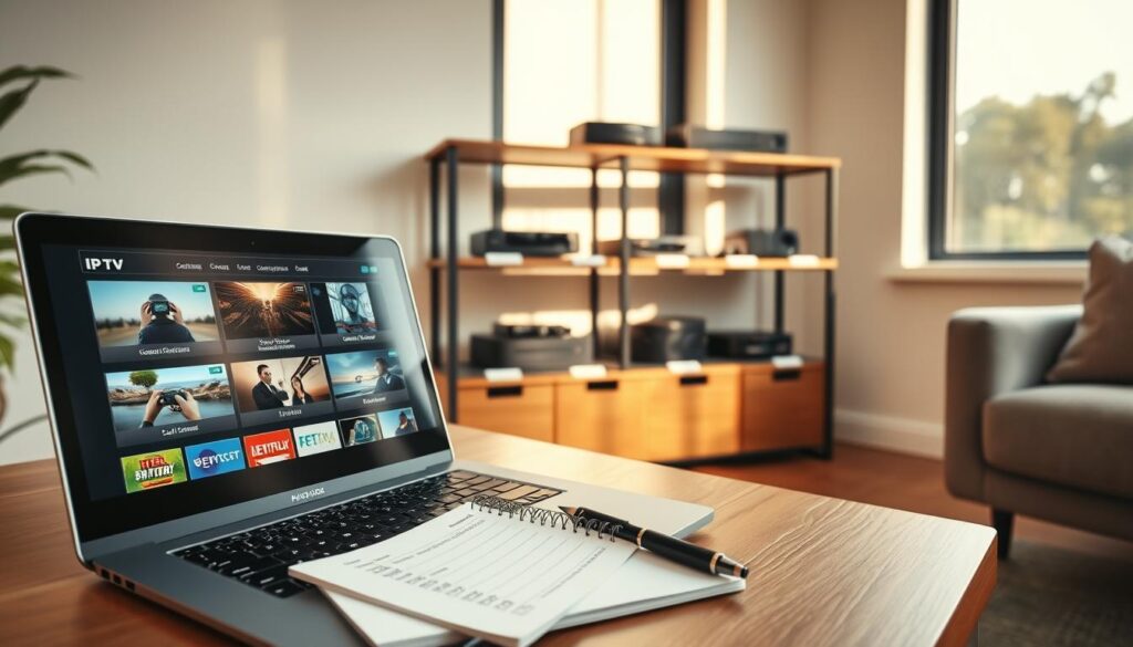 A sleek and modern home office setting showcasing various IPTV player options. In the foreground, a stylish laptop displays different IPTV interface screenshots, with neat icons representing subscription plans and licenses. Beside the laptop, a notepad with bullet points and a pen creates a professional atmosphere. In the middle ground, a shelf holds IPTV devices like streaming boxes and remote controls, arranged neatly with labels. In the background, a large window allows warm, natural light to flood the room, casting soft shadows. The overall mood is inviting and focused, emphasizing clarity and simplicity in choosing purchase options. The scene is captured from an angled perspective, highlighting the organization and technology aspect without any text or distractions. A sleek and modern home office setting showcasing various IPTV player options. In the foreground, a stylish laptop displays different IPTV interface screenshots, with neat icons representing subscription plans and licenses. Beside the laptop, a notepad with bullet points and a pen creates a professional atmosphere. In the middle ground, a shelf holds IPTV devices like streaming boxes and remote controls, arranged neatly with labels. In the background, a large window allows warm, natural light to flood the room, casting soft shadows. The overall mood is inviting and focused, emphasizing clarity and simplicity in choosing purchase options. The scene is captured from an angled perspective, highlighting the organization and technology aspect without any text or distractions.