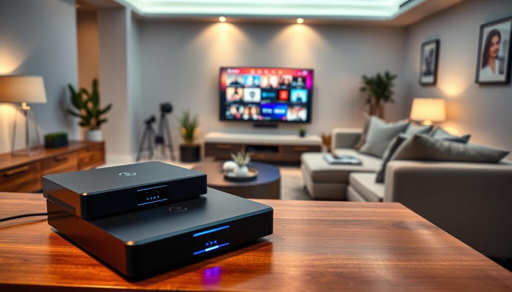 A sleek and modern living room setup featuring top IPTV boxes, such as the z11 pro max and spirit pro, elegantly displayed on a polished wooden media console. In the foreground, a close-up view of the IPTV boxes showcases their stylish design and high-tech features with vibrant LED indicators glowing softly. The middle ground includes a contemporary flat-screen TV, streaming colorful content, and plush sofas arranged invitingly, all illuminated by warm ambient lighting for a cozy atmosphere. The background features minimalistic decor, such as indoor plants and art pieces, conveying a modern and inviting vibe. Capture this scene from a slightly elevated angle to emphasize the tech-savvy lifestyle atmosphere. Ensure the image is bright and inviting, highlighting the innovative aspect of smart TV technology.