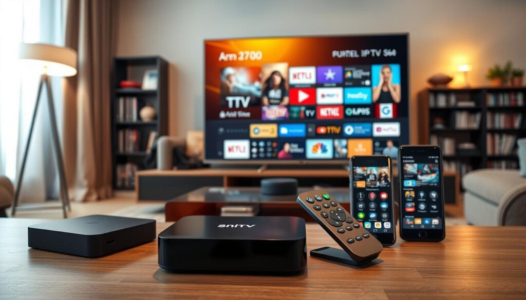 A sleek and modern living room setup showcasing various compatible Polish IPTV devices prominently displayed on a stylish media console. In the foreground, there are a high-definition smart TV, a streaming box, a tablet, and a smartphone, all featuring vibrant interfaces of streaming apps. The middle ground includes a cozy sofa and a coffee table, with a subtle hint of a bookshelf filled with tech-related books. The background features a soft, warm glow from floor lamps, creating an inviting atmosphere. The lighting is bright but soft, emphasizing the devices' screens. A wide-angle view captures the entire room, evoking a sense of comfort and modernity, ideal for tech-savvy users interested in IPTV streaming. A sleek and modern living room setup showcasing various compatible Polish IPTV devices prominently displayed on a stylish media console. In the foreground, there are a high-definition smart TV, a streaming box, a tablet, and a smartphone, all featuring vibrant interfaces of streaming apps. The middle ground includes a cozy sofa and a coffee table, with a subtle hint of a bookshelf filled with tech-related books. The background features a soft, warm glow from floor lamps, creating an inviting atmosphere. The lighting is bright but soft, emphasizing the devices' screens. A wide-angle view captures the entire room, evoking a sense of comfort and modernity, ideal for tech-savvy users interested in IPTV streaming.