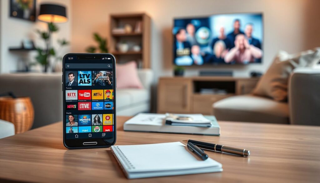 A sleek and modern overview of the IPTV Smarters app displayed on a high-resolution smartphone screen. In the foreground, the phone showcases the user-friendly interface filled with vibrant channel icons and an intuitive navigation bar, emphasizing ease of use for German users. In the middle ground, a soft-focus coffee table features a notepad and a pen, suggesting an organized workspace. The background offers a cozy living room setting with warm ambient lighting, soft throw pillows, and a subtle hint of a television screen flickering with content, creating a welcoming atmosphere for entertainment. The overall mood is engaging and inviting, perfect for illustrating app navigation and user experience.