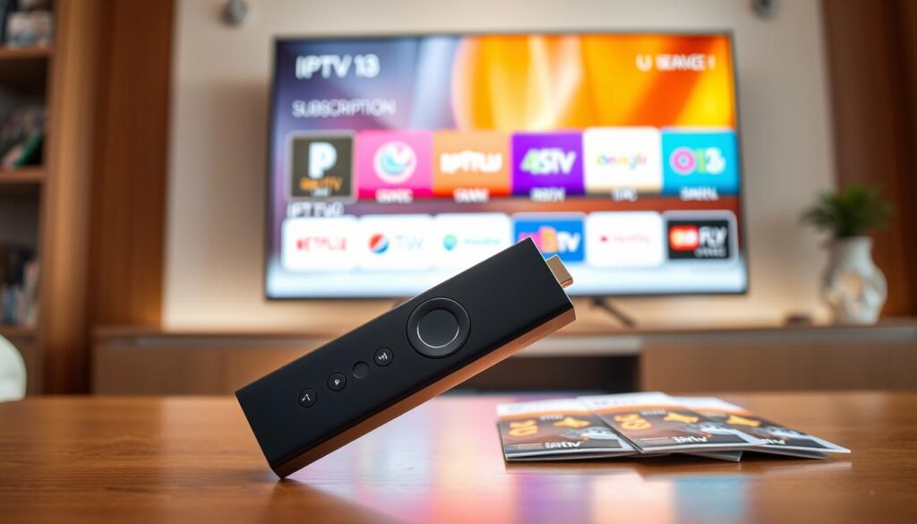 A sleek, modern IPTV TV Stick displayed prominently in the foreground, showcasing its design and features. The stick is set on a stylish entertainment center with a smart TV in the background displaying colorful IPTV interface options. Various subscription service logos are subtly represented in the background, hinting at different price points and features. Soft, warm lighting illuminates the scene, creating an inviting atmosphere, while a close-up angle emphasizes the details of the TV Stick. In the middle ground, a few subscription packages laid out in an organized manner suggest a comparison. The mood is informative and engaging, perfect for readers exploring IPTV options.