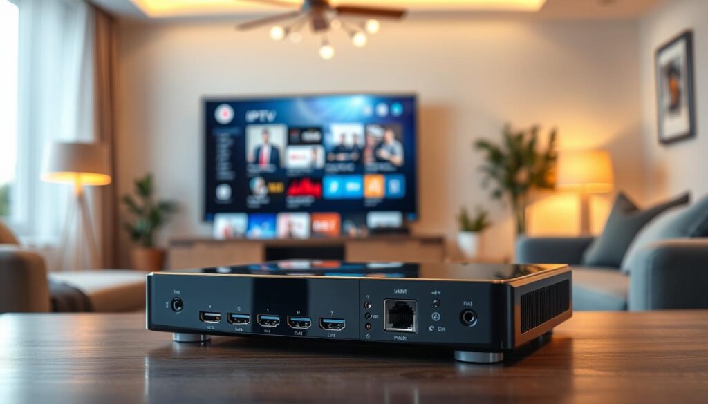 A sleek, modern IPTV box prominently displayed in a well-lit, contemporary living room setting. The foreground features the IPTV box, showcasing its various ports and features like HDMI, USB, and Ethernet connections, with a glossy finish that reflects ambient light. In the middle ground, a high-definition TV screen displays vibrant IPTV options, illustrating the user interface common in 2026. The background shows a cozy living area with tasteful decor, emphasizing a casual yet advanced tech atmosphere. The lighting is warm and inviting, creating a sense of comfort and modernity. The image conveys a mood of innovation and convenience, highlighting how technology integrates smoothly into everyday life.