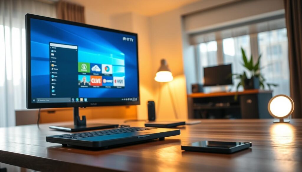 A sleek, modern IPTV player interface displayed on a Windows computer screen in a well-lit home office setting. The foreground features a close-up of the computer monitor showcasing vibrant streaming content, with crisp graphics and intuitive design. In the middle, a stylish laptop rests on a polished wooden desk, illuminated by soft, warm lighting from a nearby desk lamp. The background includes neatly arranged tech gadgets and a green plant, enhancing a professional yet relaxed atmosphere. The scene captures a moment of engaging streaming experience, exuding enthusiasm and satisfaction. Bright, natural light filters in through a window, creating a welcoming ambiance that highlights the premium features of the IPTV service. No text or branding included.