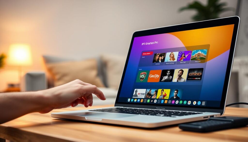A sleek, modern MacBook displaying the IPTV Smarters Pro application on its screen, set on a stylish wooden desk. The foreground features a hand adjusting the laptop's touchscreen with a focus on the vibrant, user-friendly interface of the app, showcasing streaming content icons. In the middle ground, a cozy, well-lit living room environment with a soft, inviting couch and a subtle indoor plant adds warmth. The background includes a softly glowing lamp casting a warm, ambient light, enhancing the peaceful atmosphere. The overall mood is one of relaxation and efficiency, perfect for secure and seamless streaming. The image is bright, with a natural soft focus effect that highlights the app on the MacBook.