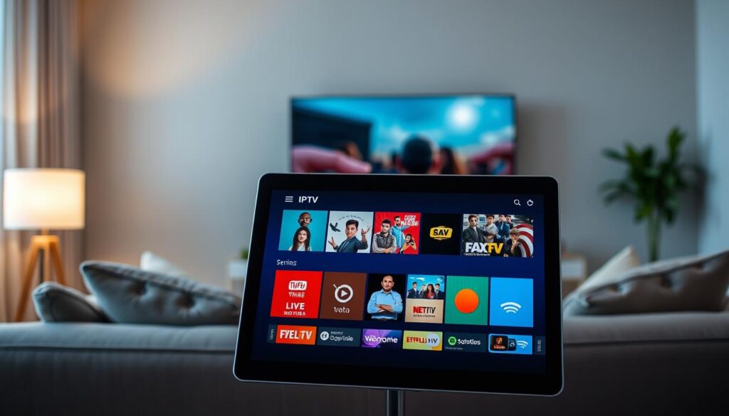 A sleek, modern digital interface of the IPTV Smarters app displayed on a tablet, positioned prominently in the foreground. The app's sleek design shows various vibrant tiles for live TV, movies, and series, showcasing its functionalities with icons that represent streaming content. In the middle background, a cozy living room atmosphere is created with subtle lighting from a nearby lamp, enhancing a relaxed viewing environment. A stylish, modern couch adds depth, while a flat-screen TV reflects the app interface subtly. Emphasize a warm, inviting atmosphere, suggesting usability for casual viewers. The focus is on showcasing the app's features, highlighting its purpose for seamless streaming and entertainment in a contemporary home setting.