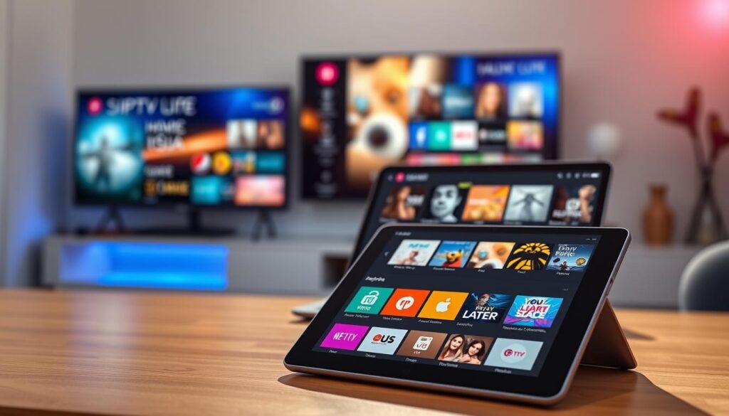 A sleek, modern digital workspace showcasing the top Android IPTV player apps of 2026 in a visually engaging comparison. In the foreground, a stylish tablet displays various app icons like vivid graphics representing popular IPTV players, with bright, enticing colors. In the middle ground, a laptop sits open, featuring an intuitive user interface of an IPTV player app, highlighting easy navigation and content selection. The background is a softly blurred home entertainment setup with a large TV displaying a vibrant streaming service menu. The lighting is bright and inviting, emphasizing a tech-savvy atmosphere, while a slight lens flare adds a dynamic touch. The overall mood is modern, professional, and focused on fluid streaming experiences.