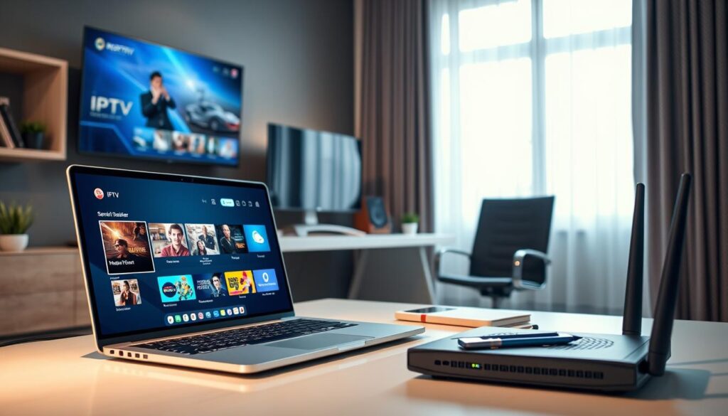 A sleek, modern home office setup showcasing advanced technology used for IPTV streaming. In the foreground, a high-resolution laptop screen displays a vibrant streaming interface with various channel options. Nearby, an impressive router with LED indicators highlights superior connectivity. In the middle ground, a stylish chair and desk enhance the professional atmosphere, with a notebook and a smartphone resting on the surface to suggest user engagement. The background features a large window allowing natural light to flood the room, creating a bright and inviting mood. The lighting is soft and even, emphasizing the clarity and quality of the streaming experience. The entire scene conveys a sense of innovation and efficiency in home entertainment. A sleek, modern home office setup showcasing advanced technology used for IPTV streaming. In the foreground, a high-resolution laptop screen displays a vibrant streaming interface with various channel options. Nearby, an impressive router with LED indicators highlights superior connectivity. In the middle ground, a stylish chair and desk enhance the professional atmosphere, with a notebook and a smartphone resting on the surface to suggest user engagement. The background features a large window allowing natural light to flood the room, creating a bright and inviting mood. The lighting is soft and even, emphasizing the clarity and quality of the streaming experience. The entire scene conveys a sense of innovation and efficiency in home entertainment.