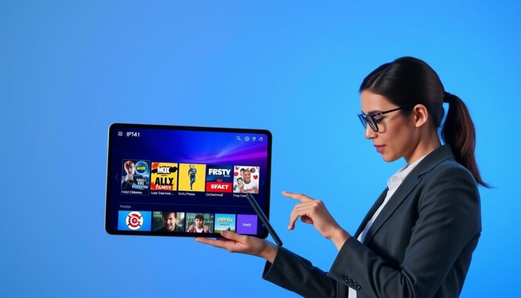 A sleek, modern interface of the IPTV Smarters app displayed on a high-resolution tablet, set against a soft gradient background that transitions from deep blue to light blue. In the foreground, the tablet screen shows vibrant thumbnails representing various live streaming channels, on-demand content, and user-friendly navigation options. To the right, a professional-looking individual in smart casual attire interacts with the tablet, with a focused expression that conveys engagement and interest in the app's features. The lighting is bright and even, highlighting the screen's clarity and colors. The mood is dynamic and tech-savvy, inviting viewers to explore the capabilities of the IPTV Smarters app in a user-friendly environment.